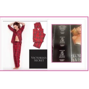 VICTORIA'S SECRET RED PLAID METALLIC THREADS PAJAMAS  SZ M LONG NWT &  3 COUPONS